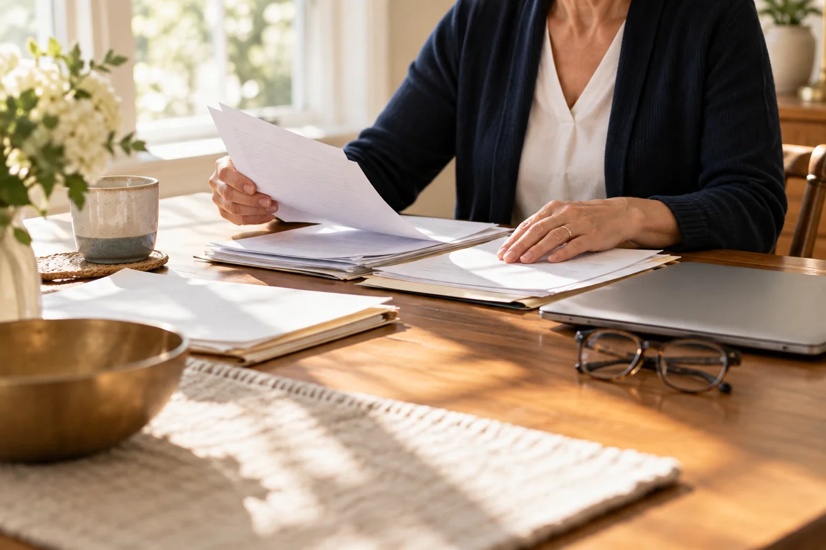 Illustrative scene of a person organizing medical paperwork at home