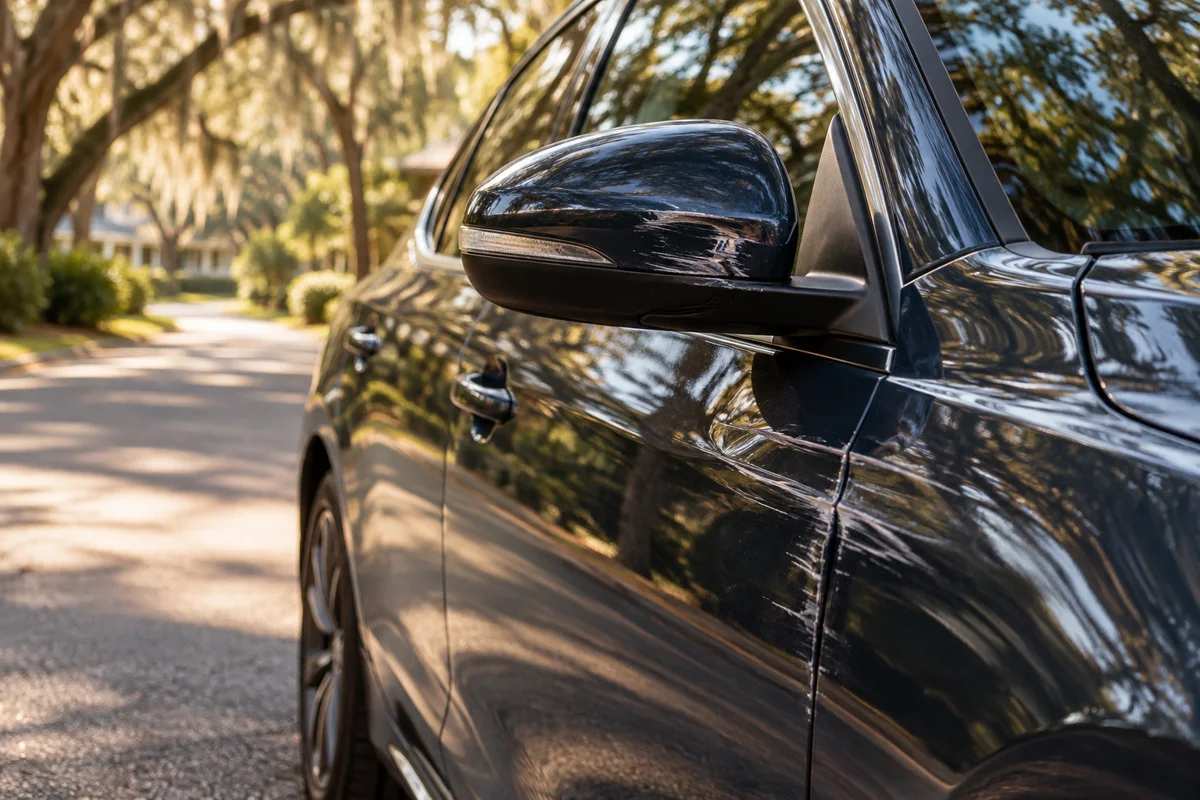 Illustrative scene of a parked car beside a quiet tree-lined road