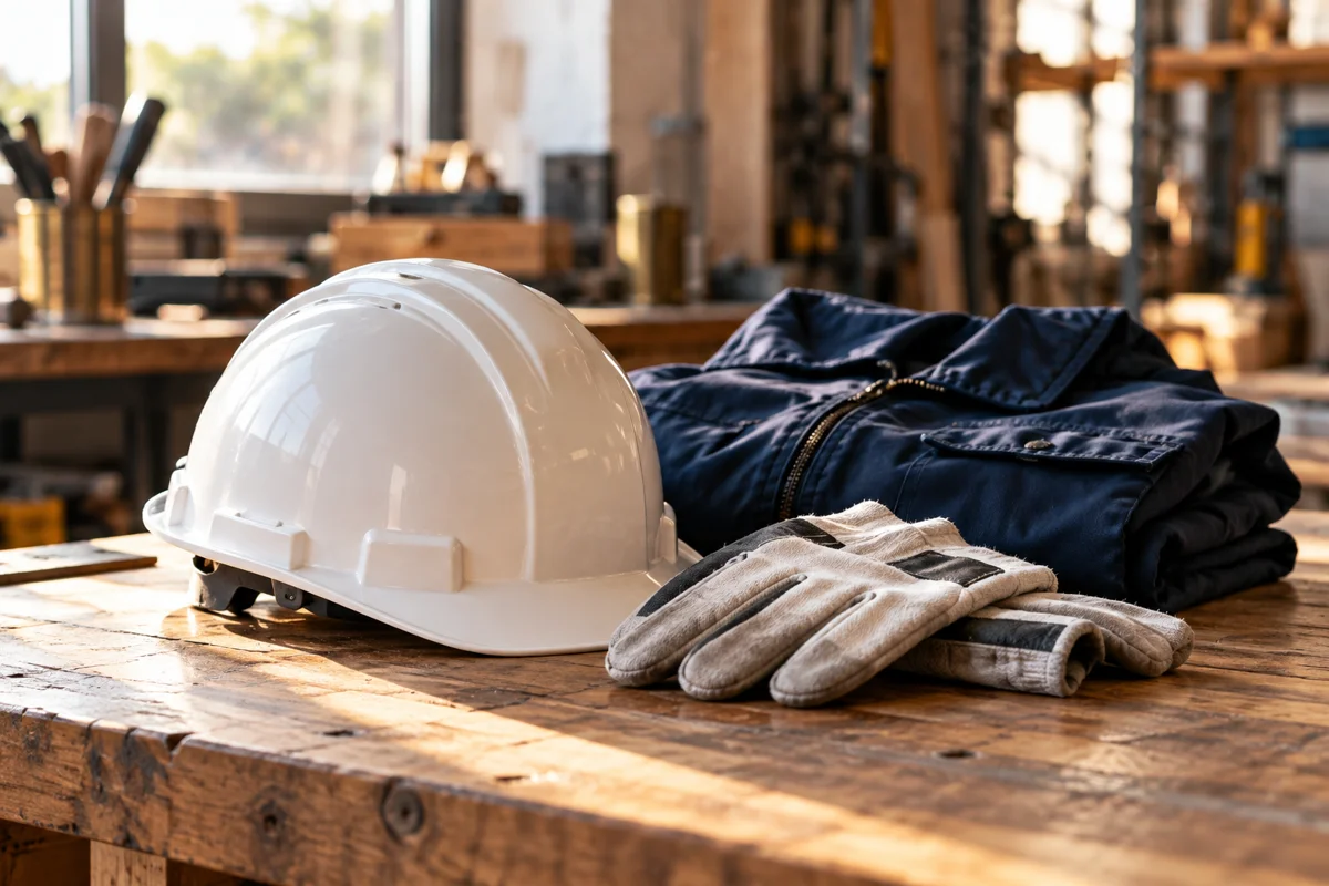 Illustrative scene of a safety helmet and work gloves on a workshop bench